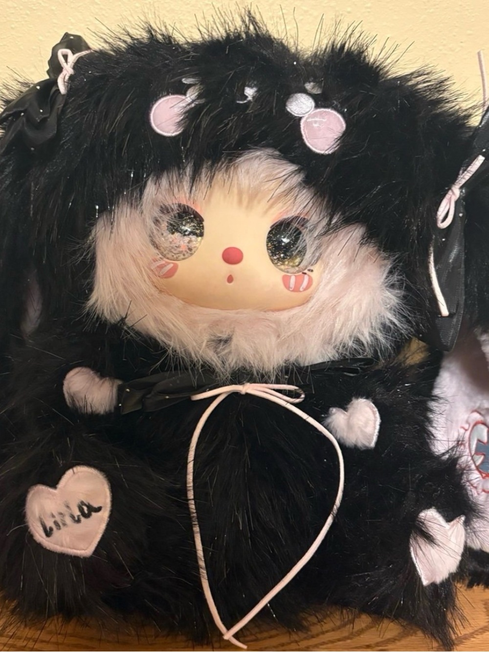 Black & Pink Plush Kids Hooded Accessory - Cute Heart Design